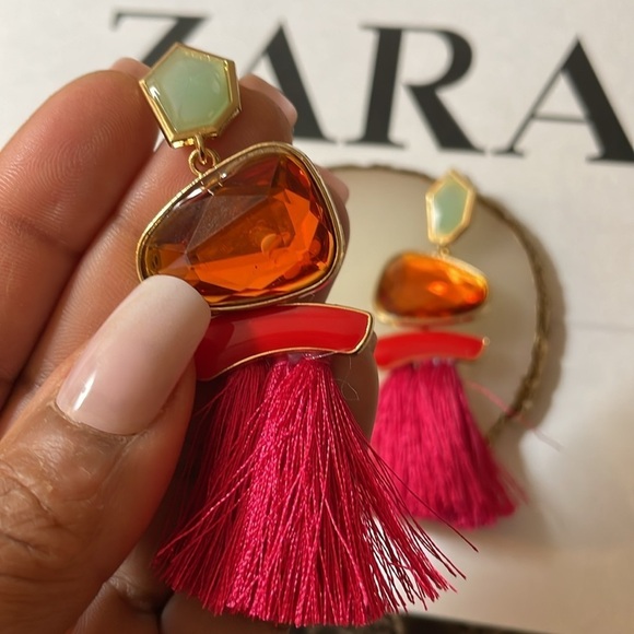 Zara Colorful Stone Gem Tassel Drop Earrings - Picture 10 of 13